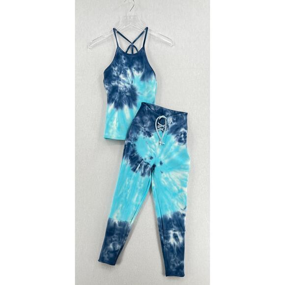 CHASER Workout Cropped Leggings Womens XS Blue Tie Dye Wave Lace up NEW - Picture 3 of 14